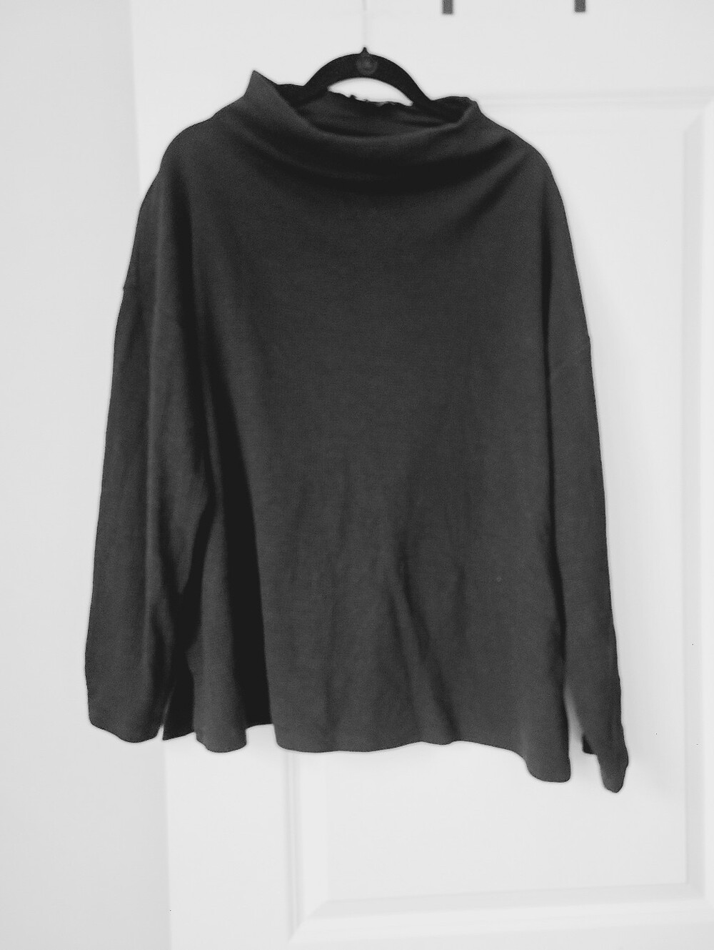 Eileen Fisher Black Mock Cowl Neck Waffle Knit Long Sleeve Top